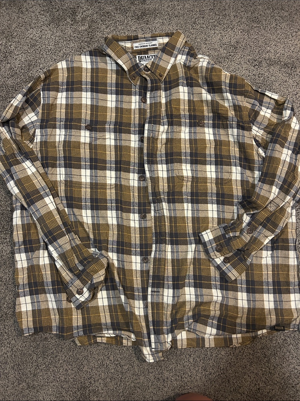 Duluth Trading Co Plaid Button-Down Shirt in Brown, White & Gray